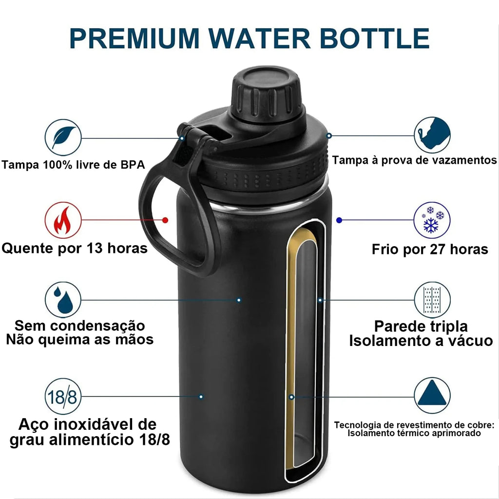 Garrafa de água em aço inoxidável com isolamento a vácuo.
