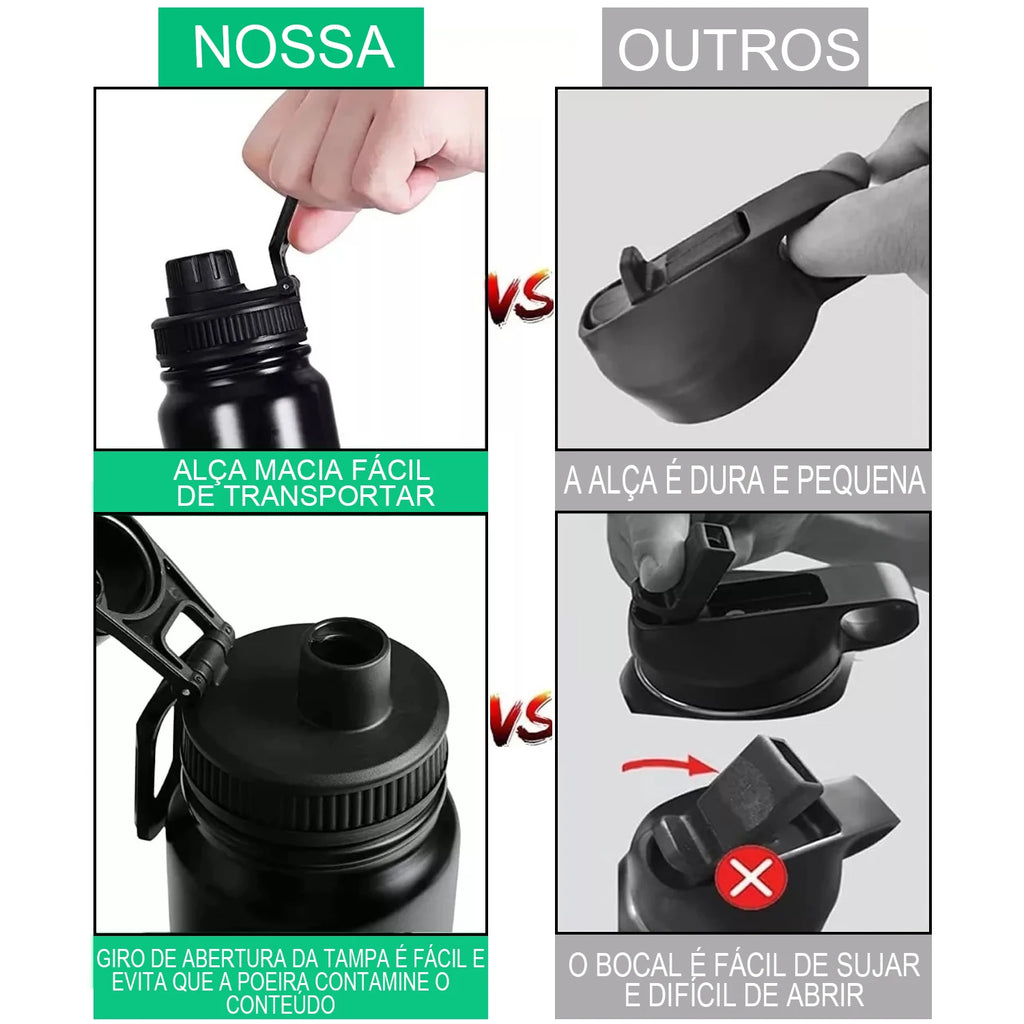 Garrafa de água em aço inoxidável com isolamento a vácuo.