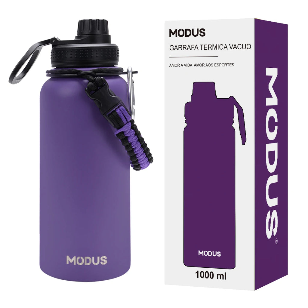 Garrafa de água em aço inoxidável com isolamento a vácuo.